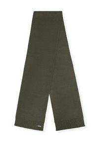 Ribowany szal w oliwkowym zielonym kolorze wykonany z dzianiny, z teksturowaną powierzchnią i żebrowanymi końcami. Prosty design bez wzorów i dodatków.