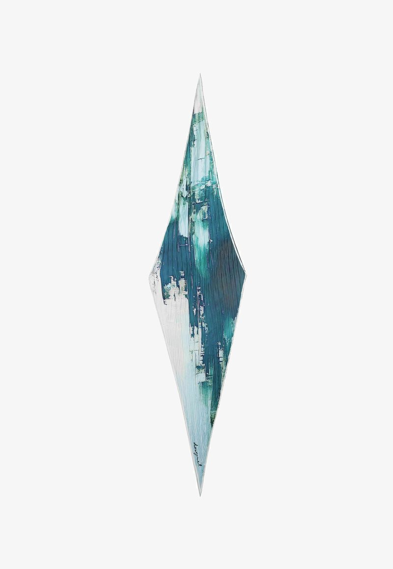 Arte de pared abstracto en forma de diamante, con una superficie texturizada que combina colores turquesa y blanco. Detalles destacados de pinceladas.