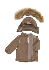 Brun isoleret jakke med aftagelig hætte. Hætten har en kant af kunstpels. Indvendigt foret med blødt stof; inkluderer lynlås og trykknapper.