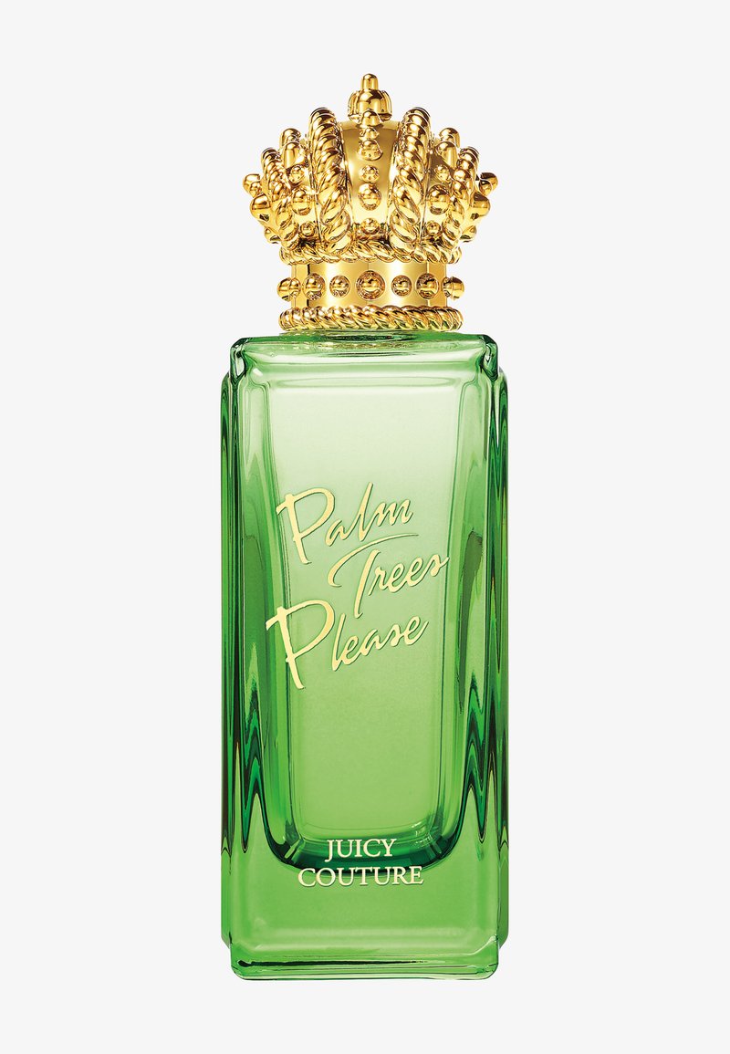 Zielona szklana butelka perfum z złotą pokrywką w kształcie korony. Na dole znajdują się złote napisy: "Palm Trees Please" oraz "Juicy Couture".