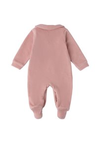 Tuta per bebè in pile rosa con maniche lunghe, colletto, tessuto testurizzato e gambe con piedi. Vista dal retro, senza ulteriori adornamenti.