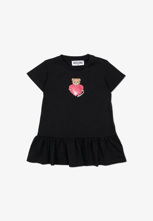 Vestito nero per bambina in morbido cotone con maniche corte, gonna arricciata e grafica frontale di un orso che tiene un cuore rosa.