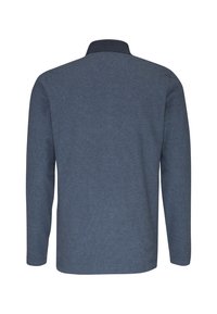 Polo a maniche lunghe, blu scuro, dal tessuto morbido, colletto a coste. Design semplice senza motivi o dettagli visibili sul retro.