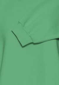 Zelená mikina s jemnou textúrou, ktorá má okrúhly výstrih a detail s vypuklými rukávmi. Rybovaná manžeta na zápästí zlepšuje strih.