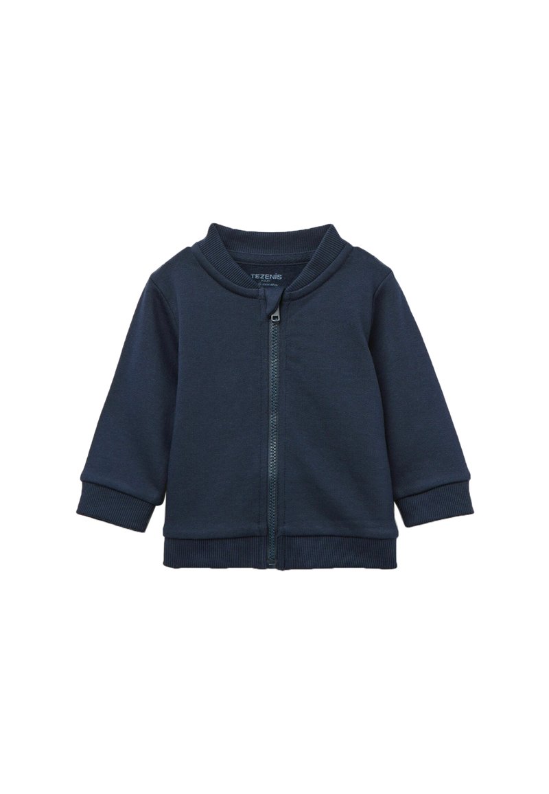 Navy zip-up hoodie with a ribbed collar and cuffs, made from soft fabric. Features a full front zipper and a straight-cut design.