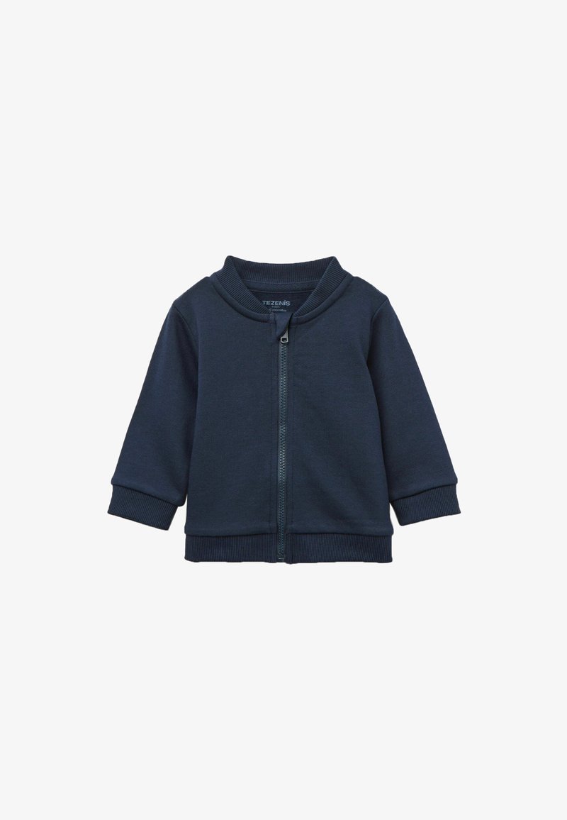 Navy zip-up hoodie with a ribbed collar and cuffs, made from soft fabric. Features a full front zipper and a straight-cut design.