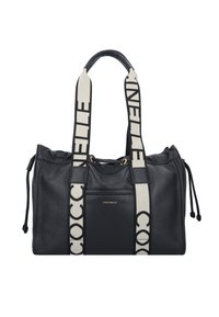 Borsa a tracolla in pelle nera con finitura testurizzata, doppio manico superiore e spallacci in tela decorata con dettagli di brand. Chiusura con cordoncino regolabile.