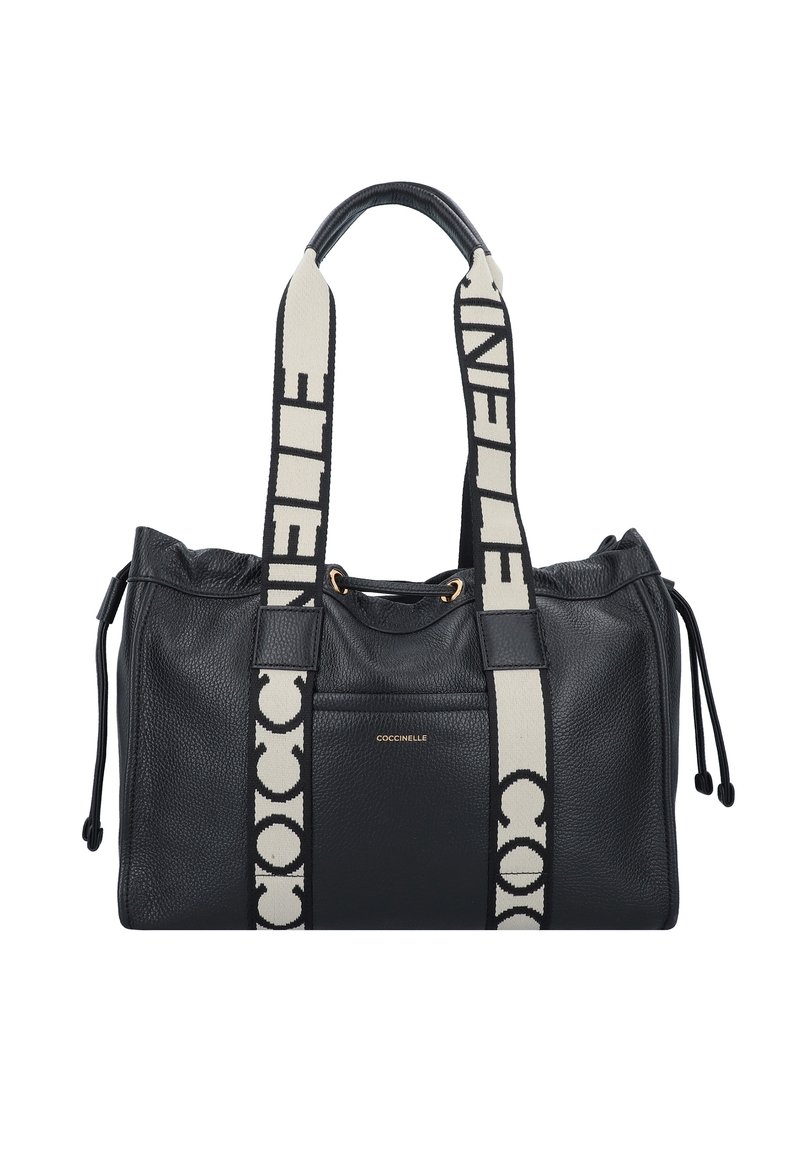 Borsa a tracolla in pelle nera con finitura testurizzata, doppio manico superiore e spallacci in tela decorata con dettagli di brand. Chiusura con cordoncino regolabile.