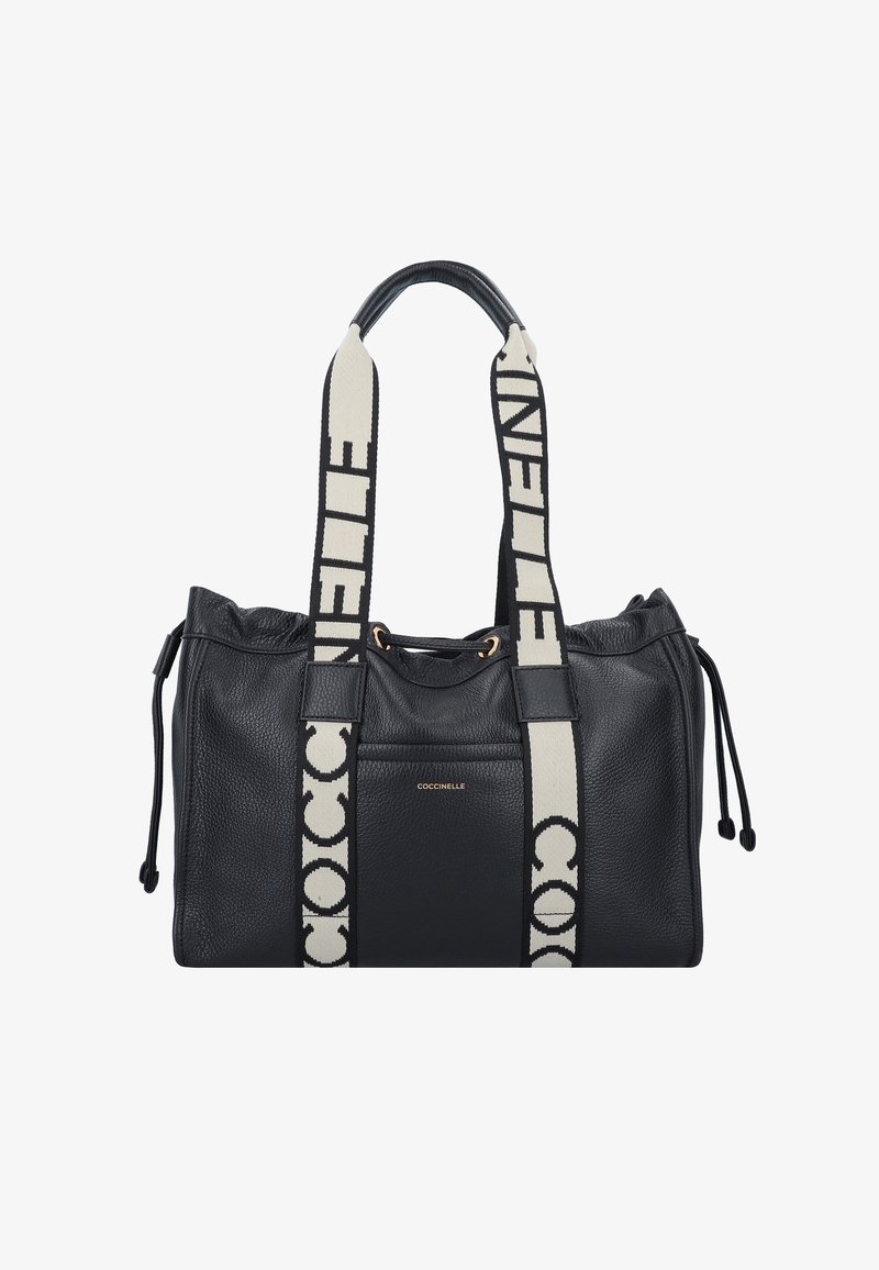 Borsa a tracolla in pelle nera con finitura testurizzata, doppio manico superiore e spallacci in tela decorata con dettagli di brand. Chiusura con cordoncino regolabile.