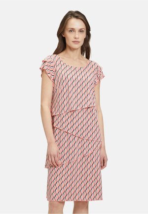 Rotes Kleid mit schwarzem wellenförmigem Muster, kurzen Rüschensäumen, mehrlagigem Design, knielang, leichtem Stoff und rundem Ausschnitt.