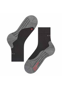 Graue und schwarze Socken mit gerippter Textur, die an der Zehe ein rotes "R" und ein Logo im Knöchelbereich aufweisen. Einfaches Design und Knöchellänge.