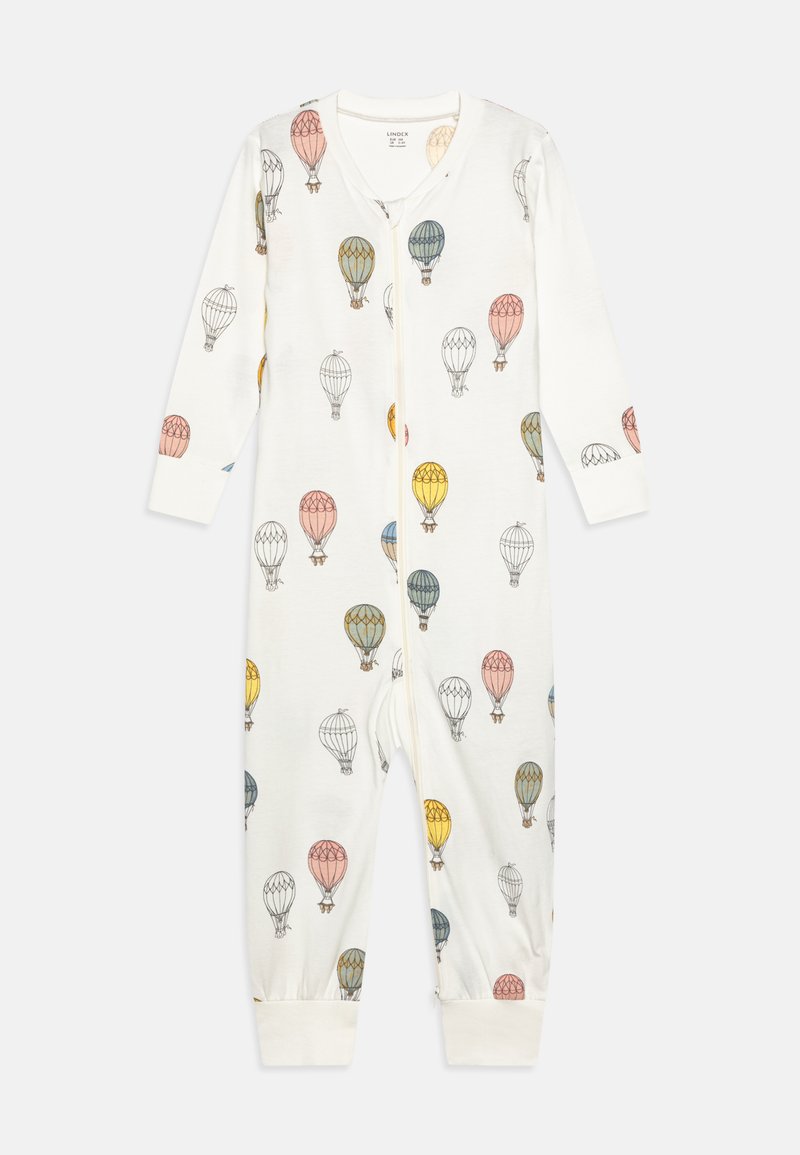 Pyjamas blancs avec un motif de montgolfières colorées. Manches longues, tissu doux, et fermeture éclair à l'avant. Poignets élastiques.