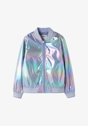 Lichtpaars iriserend bomberjack met ritssluiting, geribde kraag, manchetten en tailleband met zilveren strepen.