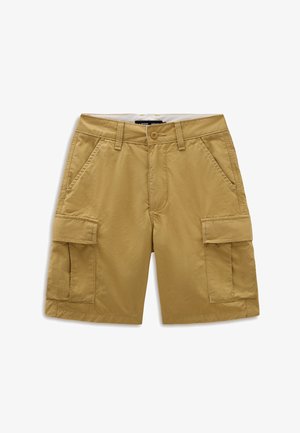 Pantalones cortos cargo de color caqui con cierre de botón, trabillas para cinturón, bolsillos laterales y con solapa, exhibidos sobre un fondo blanco.