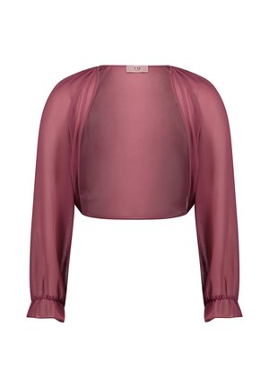 Boléro en mauve transparent avec manches longues bouffantes et poignets froncés, devant ouvert, longueur courte.