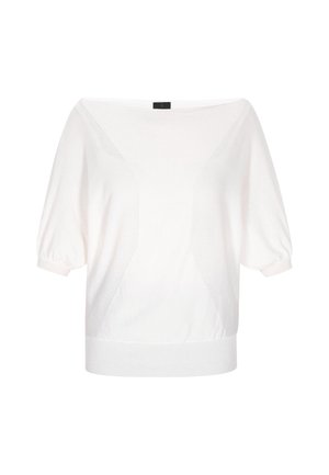 Suéter blanco de punto con un ajuste holgado, que presenta mangas cortas abullonadas y paneles texturizados. Dobladillo acanalado y tejido suave y ligero.