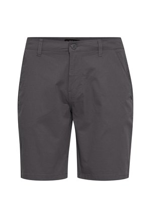 Shorts gris en tissu léger, avec poches avant, fermeture à bouton et un minimum de détails de couture. Conception à ourlet plat.