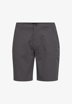 Shorts gris en tissu léger, avec poches avant, fermeture à bouton et un minimum de détails de couture. Conception à ourlet plat.