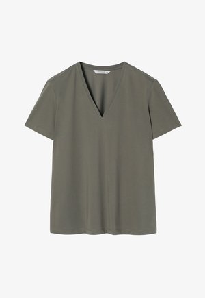 Oliven grøn v-hals t-shirt med korteærmer, lavet af blødt stof, med en afslappet pasform og en ren kant for et minimalistisk design.