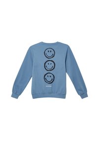 Felpa a maniche lunghe blu con tre faccine sorridenti nere impilate verticalmente e il testo "SMILEYWORLD" sotto di esse sul retro.