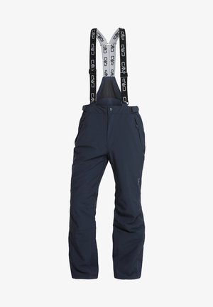Navy waterproof ski pants with adjustable suspenders, zippered pockets, and reinforced knee areas for durability and functionality.