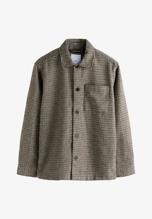 Brun og beige hundetandsmønstret skjortejakke med brystlomme og krave, lange ærmer og sorte knapper.