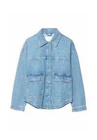 Lichtblauwe denimjack met een kraag, een sluiting met knopen aan de voorkant en twee grote borstzakken. Heeft een relaxte pasvorm en een gestructureerde stof.