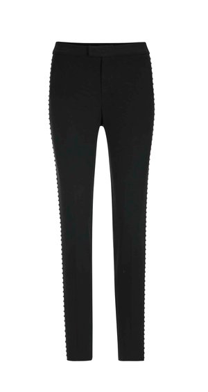 Schwarze, schmal geschnittene Hose mit Perlenbesatz entlang der äußeren BeinNähte, mit einem Bund und verschluss auf der Vorderseite.