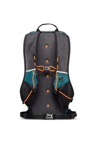 Zaino con un design in rete, principalmente nero con accenti turchesi, dotato di cinturini arancioni e un buckle centrale per una chiusura sicura.
