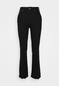 Jeans flare pretos com cintura alta, feitos de denim. Apresentam bolsos frontais, fecho de botão e fendas laterais na barra.