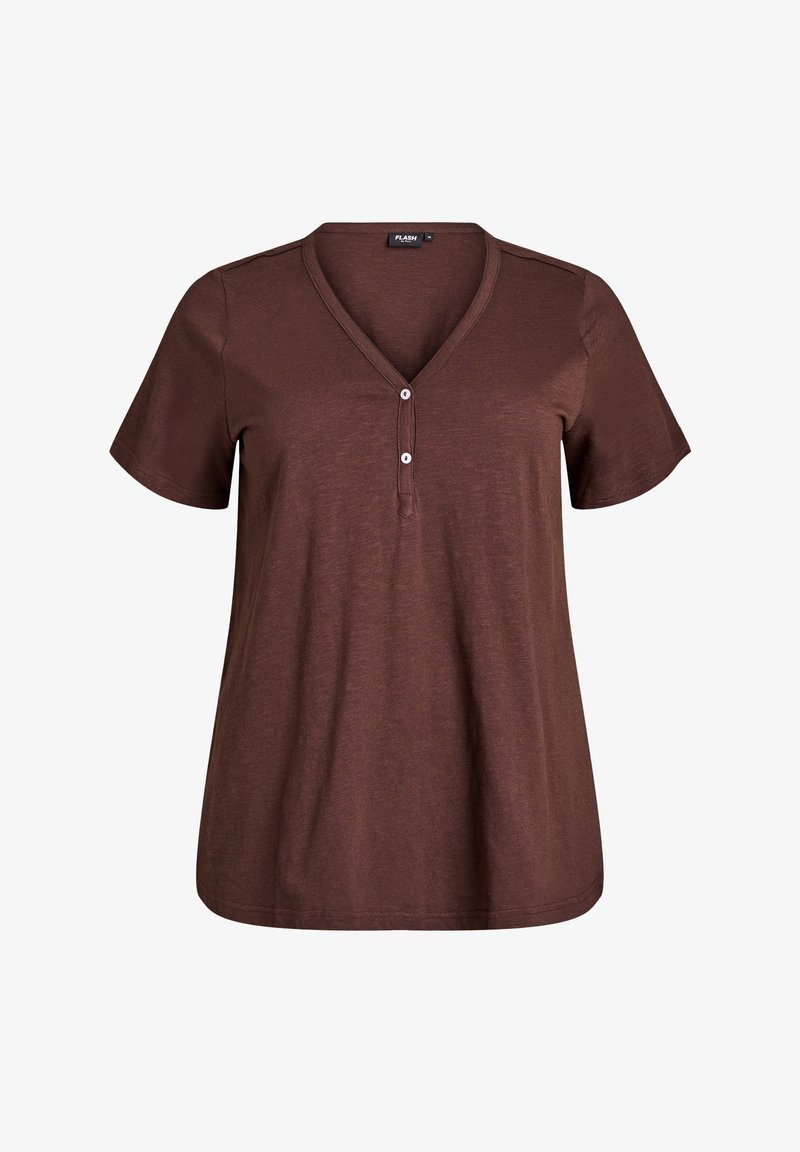 Chemise marron à manches courtes avec col en V et deux boutons blancs sur la patte de boutonnage avant, taille légèrement ajustée et texture de tissu douce.