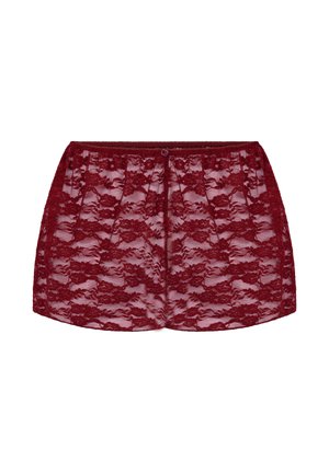 Spitzen-Shorts in tiefem Burgunderrot mit floralem Muster, ausgestattet mit einem elastischen Bund und einem Knopfdetail vorne. Durchgehend strukturierte Gestaltung.