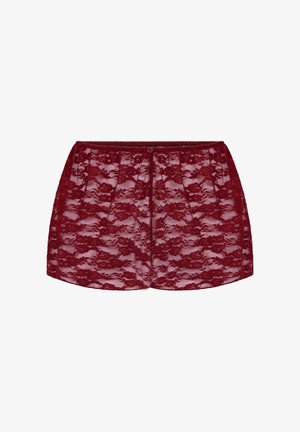 Spitzen-Shorts in tiefem Burgunderrot mit floralem Muster, ausgestattet mit einem elastischen Bund und einem Knopfdetail vorne. Durchgehend strukturierte Gestaltung.