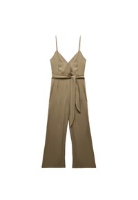 Khakifarbenes Jumpsuit mit dünnen Trägern und V-Ausschnitt. Mit einem gebundenen Taillengürtel und weitem Bein-Design. Glatter Stoff und minimale Details.