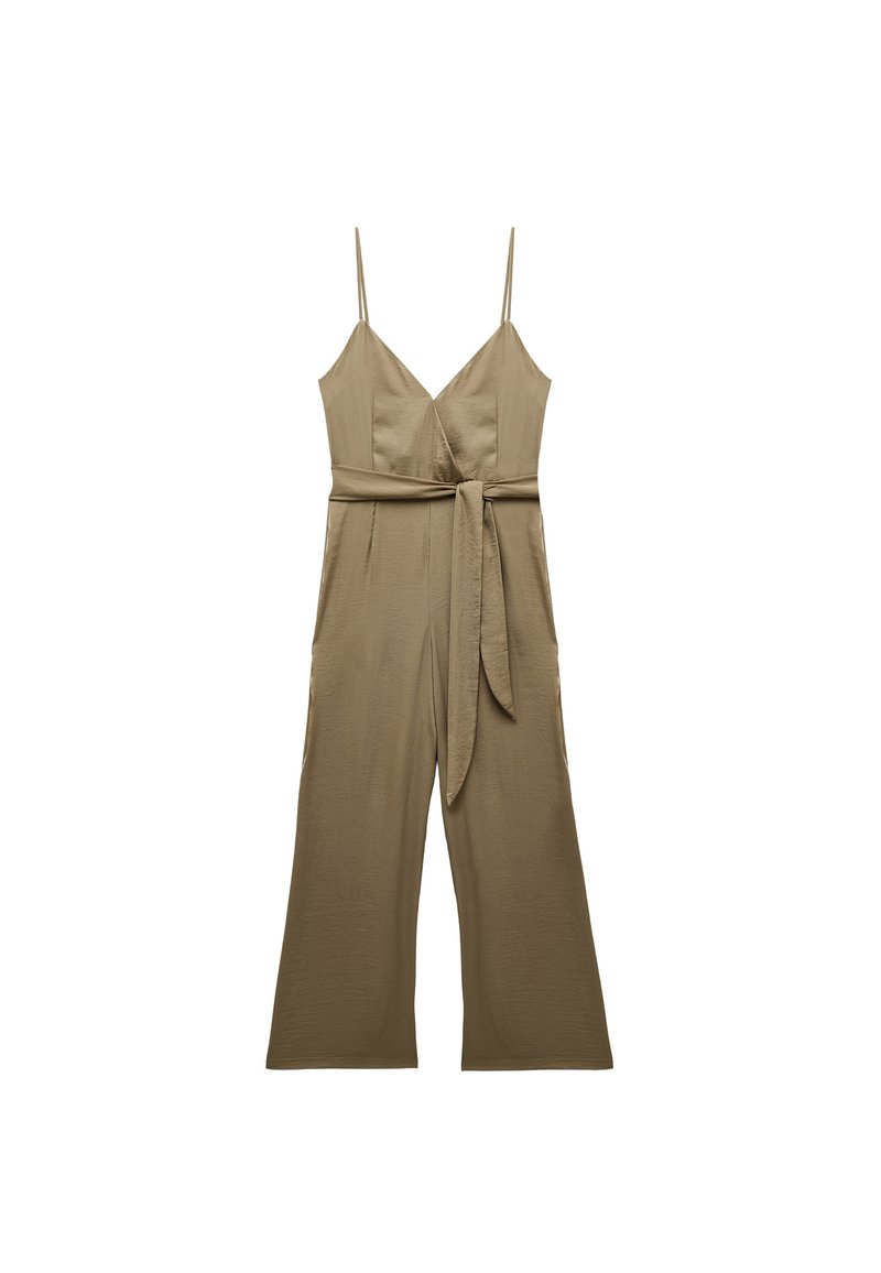 Khakifarbenes Jumpsuit mit dünnen Trägern und V-Ausschnitt. Mit einem gebundenen Taillengürtel und weitem Bein-Design. Glatter Stoff und minimale Details.