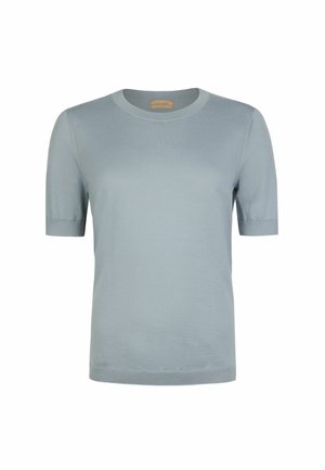 Jasnoniebieski krótki sweter z okrągłym dekoltem i ściągaczami, prezentowany na białym tle.