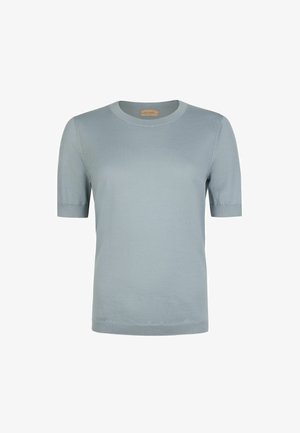 Jasnoniebieski krótki sweter z okrągłym dekoltem i ściągaczami, prezentowany na białym tle.