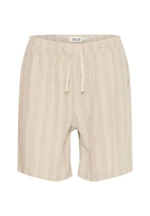 Pantaloni corti in cotone beige con righe verticali, cintura elasticizzata, coulisse e tasche laterali. Texture morbida e design casual.