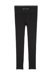 Černé legíny vyrobené z elastického materiálu, s širokým pasem a značkovým nápisem "Marc O'Polo". Bez vzorů nebo akcentů.