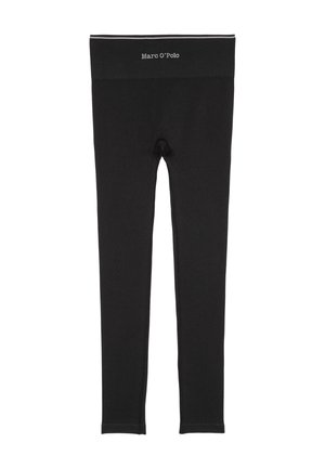 Leggings neri in tessuto elasticizzato, con un ampio elastico in vita recante il nome del marchio "Marc O'Polo". Senza motivi o rifiniture.