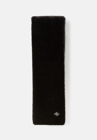 Sciarpa in pelliccia sintetica nera con una consistenza morbida, forma allungata e un piccolo logo nell'angolo in basso. Aspetto liscio e spesso.