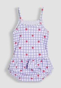 Lila Vichykaro Badeanzug mit Erdbeerprints, verstellbaren Trägern und einem rüschierten Saum. Hergestellt aus dehnbarem Stoff für optimalen Komfort.
