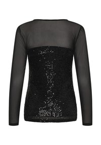 Top lungo nero a maniche lunghe realizzato in tessuto a rete trasparente, con un corpo completamente ricoperto di paillettes, che mette in risalto un motivo testurizzato e un design aderente.