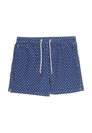 Blauwe zwembroek met een wit bloemenpatroon, elastische tailleband met koord, en twee zijnaadzakken.