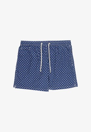 Shorts de bain bleus avec un motif floral blanc, taille élastique avec cordon de serrage, et deux coutures latérales.