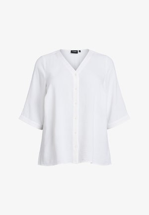 White V-neck shirt with half sleeves and a button front. The fabric appears lightweight and slightly textured, suitable for casual wear.