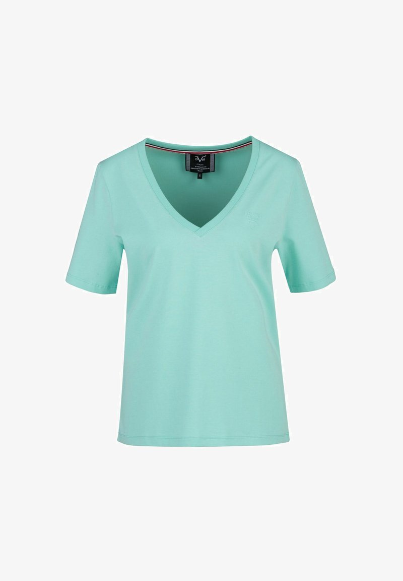 Mintgroene V-hals t-shirt van zacht materiaal, met korte mouwen en een minimalistisch ontwerp met een klein logo op de voorkant.