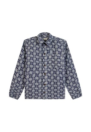 Camicia a maniche lunghe con bottoni, motivo floreale astratto blu e grigio e taschino sul petto, su sfondo bianco.