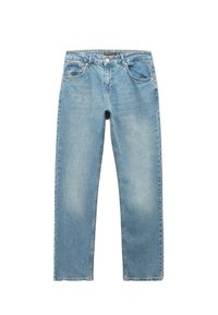 Lichtblauwe spijkerbroek met een rechte pijpdesign, vijf zakken en een knoopsluiting bij de taille. Soepele textuur met vervaagde accenten.