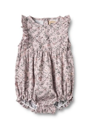 Ärmlös rosa babydräkt med blommönster, volangaxlar och tryckknappar vid grenen för lätt blöjbyte.